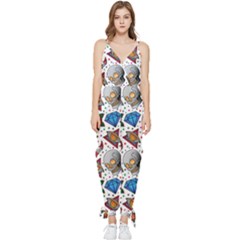 Full Color Flash Tattoo Patterns Sleeveless Tie Ankle Chiffon Jumpsuit by Wegoenart