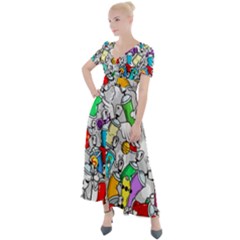 Graffit Characters Seamless Pattern Art Button Up Short Sleeve Maxi Dress by Wegoenart