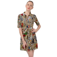 Tattoo Pattern Belted Shirt Dress by Wegoenart