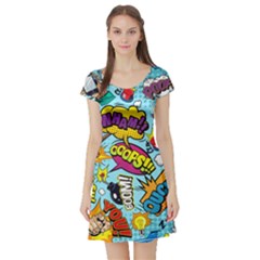 Comic Elements Colorful Seamless Pattern Short Sleeve Skater Dress by Wegoenart