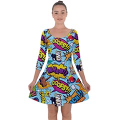 Comic Elements Colorful Seamless Pattern Quarter Sleeve Skater Dress by Wegoenart