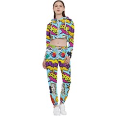 Comic Elements Colorful Seamless Pattern Cropped Zip Up Lounge Set by Wegoenart