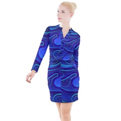 Wavy Abstract Blue Button Long Sleeve Dress by Ravend