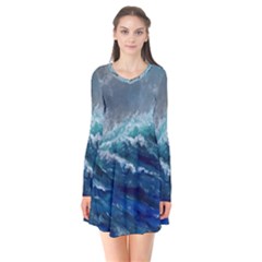 Waves Sea Sky Wave Long Sleeve V-neck Flare Dress by Ravend