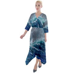 Waves Sea Sky Wave Quarter Sleeve Wrap Front Maxi Dress by Ravend