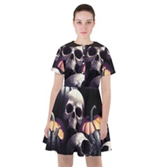 Halloween Party Skulls, Demonic Pumpkins Pattern Sailor Dress by Casemiro