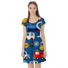 Car Cars Seamless Pattern Vector Rescue Team Cartoon Short Sleeve Skater Dress by Wegoenart