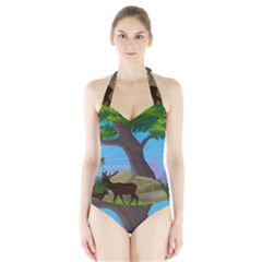 Nature Background Illustration Landscape Halter Swimsuit by Wegoenart