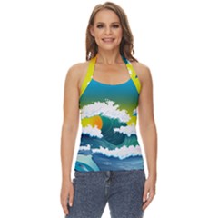 Dolphin Seagull Sea Ocean Wave Blue Water Basic Halter Top by Wegoenart