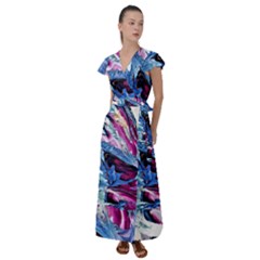 Feathers Flutter Sleeve Maxi Dress by kaleidomarblingart