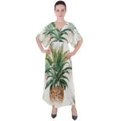 Pineapple Pattern Background Seamless Vintage V-neck Boho Style Maxi Dress by Wegoenart