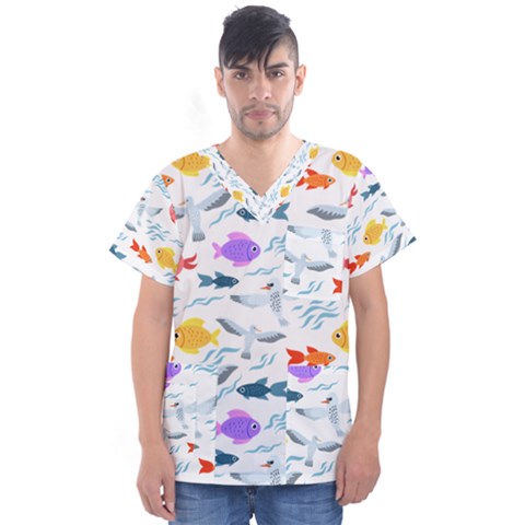 Animal Fish Bird Animals Ocean Pattern Men s V-neck Scrub Top by Jancukart