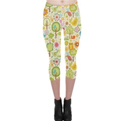 Nature Doodle Art Trees Birds Owl Children Pattern Multi Colored Capri Leggings  by danenraven