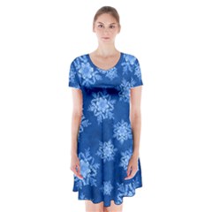 Snowflakes And Star Patterns Blue Snow Short Sleeve V-neck Flare Dress by artworkshop