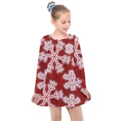 Snowflakes And Star Patterns Red Frost Kids  Long Sleeve Dress by artworkshop