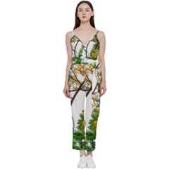 Tree Sunlight Forest Nature Landscape Sunrise Fog V-neck Spaghetti Strap Tie Front Jumpsuit by danenraven