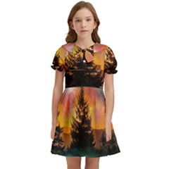 Tree Nature Landscape Fantasy Magical Cosmic Kids  Bow Tie Puff Sleeve Dress by danenraven