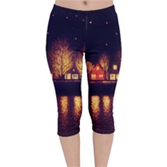 Night Houses River Bokeh Leaves Fall Autumn Velvet Capri Leggings  by danenraven