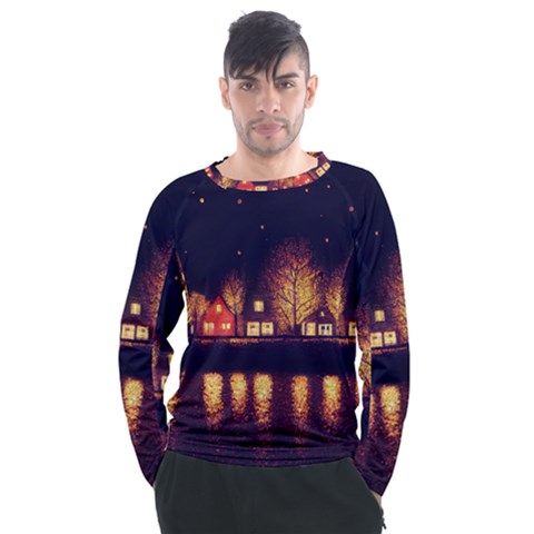 Night Houses River Bokeh Leaves Fall Autumn Men s Long Sleeve Raglan Tee by danenraven