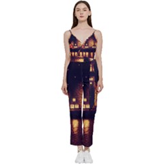 Night Houses River Bokeh Leaves Fall Autumn V-neck Spaghetti Strap Tie Front Jumpsuit by danenraven