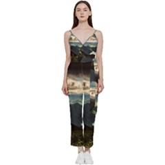 Mountains Sky Clouds Sunset Peak Overlook River V-neck Spaghetti Strap Tie Front Jumpsuit by danenraven