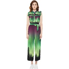 Aurora Borealis Northern Lights Forest Trees Woods Women s Frill Top Chiffon Jumpsuit by danenraven