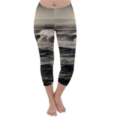 Sea Ocean Waves Sunset Sunrise Rough Seas Nature Black White Capri Winter Leggings  by danenraven