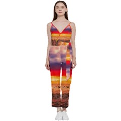 Denmark Sunset Dusk Sky Clouds Sea Ocean Water V-neck Spaghetti Strap Tie Front Jumpsuit by danenraven