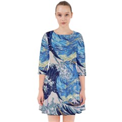 The Great Wave Of Kanagawa Painting Starry Night Vincent Van Gogh Smock Dress by danenraven