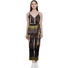 Waterfall Cascade Mountains Cliffs Northern Lights V-neck Spaghetti Strap Tie Front Jumpsuit by danenraven