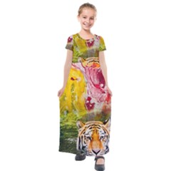 Rainbow Painted Nature Bigcat Kids  Short Sleeve Maxi Dress by Sparkle