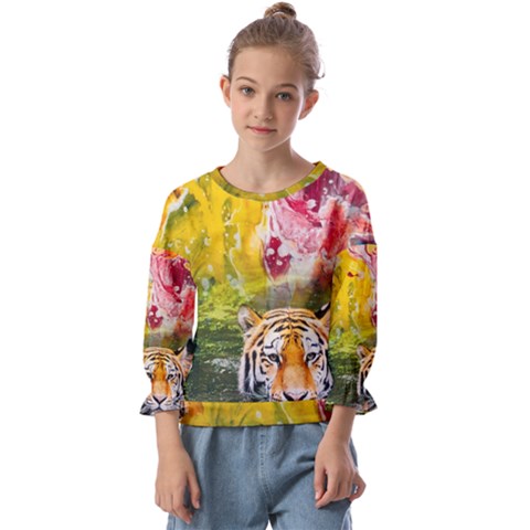 Rainbow Painted Nature Bigcat Kids  Cuff Sleeve Top by Sparkle