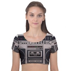 Cassette Recorder 80s Music Stereo Velvet Short Sleeve Crop Top  by Pakemis