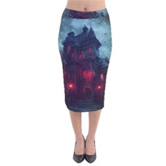 Haunted House Halloween Cemetery Moonlight Velvet Midi Pencil Skirt by Pakemis