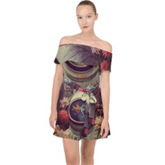 Astronaut Universe Planting Flowers Cosmos Art Off Shoulder Chiffon Dress by Pakemis