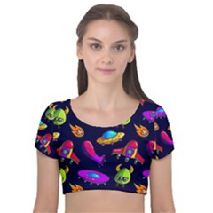 Space Pattern Velvet Short Sleeve Crop Top  by Pakemis