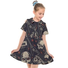 Grunge Seamless Pattern With Skulls Kids  Short Sleeve Shirt Dress by Pakemis