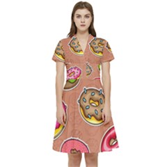 Doughnut Doodle Colorful Seamless Pattern Short Sleeve Waist Detail Dress by Pakemis