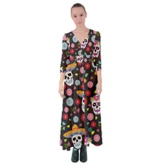 Day Dead Skull With Floral Ornament Flower Seamless Pattern Button Up Maxi Dress by Pakemis