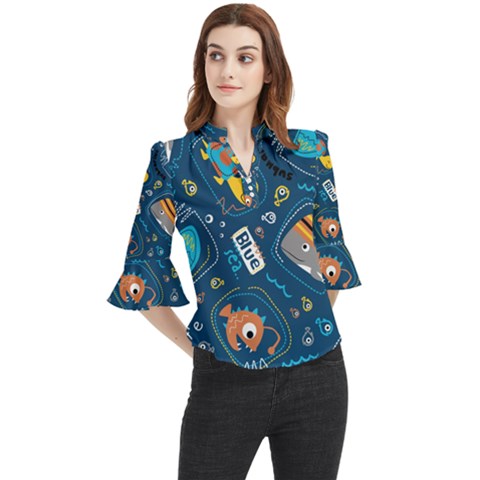 Seamless Pattern Vector Submarine With Sea Animals Cartoon Loose Horn Sleeve Chiffon Blouse by Pakemis