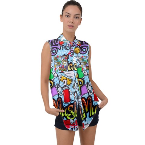 Graffiti Characters Seamless Patterns Sleeveless Chiffon Button Shirt by Pakemis