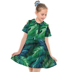 Tropical Green Leaves Background Kids  Short Sleeve Shirt Dress by Pakemis