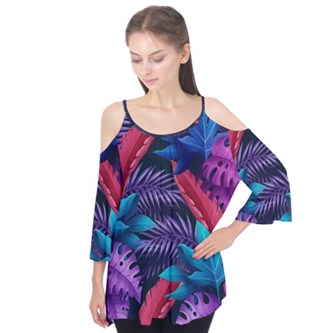 Background With Violet Blue Tropical Leaves Flutter Tees by Pakemis