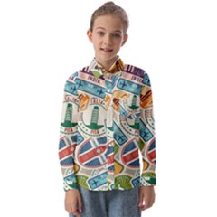 Travel Pattern Immigration Stamps Stickers With Historical Cultural Objects Travelling Visa Immigran Kids  Long Sleeve Shirt by Pakemis