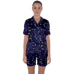 Seamless Pattern With Cartoon Zodiac Constellations Starry Sky Satin Short Sleeve Pajamas Set by Pakemis