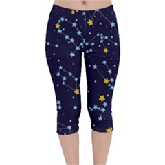 Seamless Pattern With Cartoon Zodiac Constellations Starry Sky Velvet Capri Leggings  by Pakemis