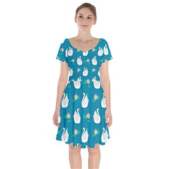 Elegant Swan Pattern With Water Lily Flowers Short Sleeve Bardot Dress by Pakemis