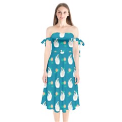 Elegant Swan Pattern With Water Lily Flowers Shoulder Tie Bardot Midi Dress by Pakemis