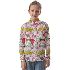 Seamless-pattern-with-many-funny-cute-superhero-dinosaurs-t-rex-mask-cloak-with-comics-style-inscrip Kids  Long Sleeve Shirt by Pakemis