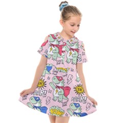 Seamless-pattern-with-many-funny-cute-superhero-dinosaurs-t-rex-mask-cloak-with-comics-style-inscrip Kids  Short Sleeve Shirt Dress by Pakemis